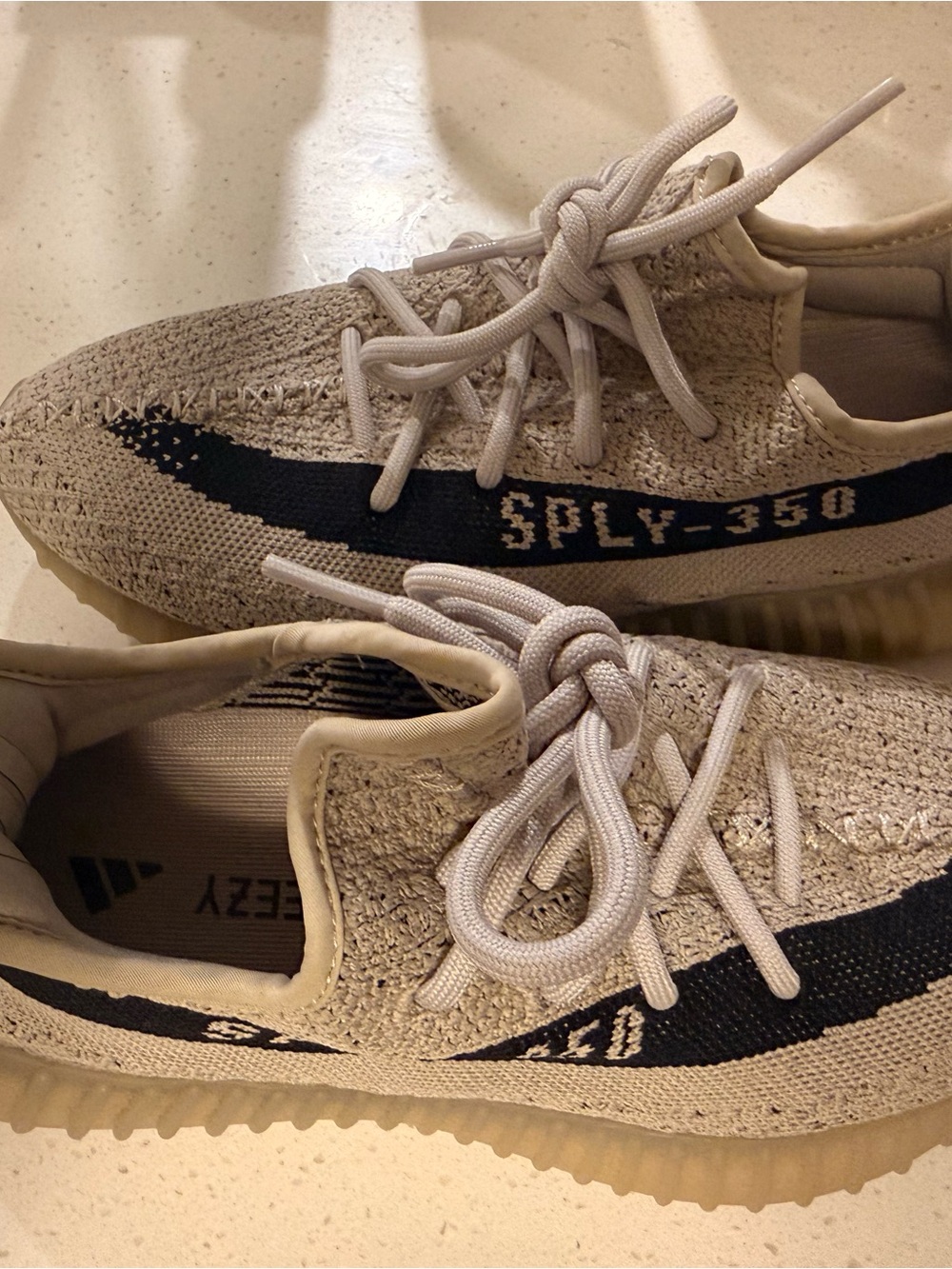Yeezy Boost 350 V2 Beige Knit Sneakers with Black Stripe